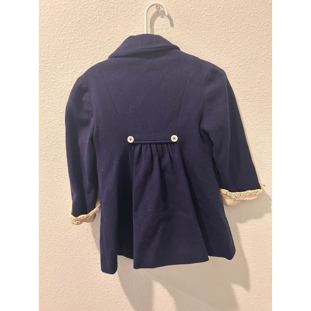 Vintage Peggy n Sue Navy Blue Pure Wool Coat with Lace Cuffs Kids‎ Girls